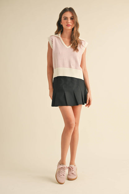 T3789   V-NECK STRIPE COLLAR KNITTED TOP
