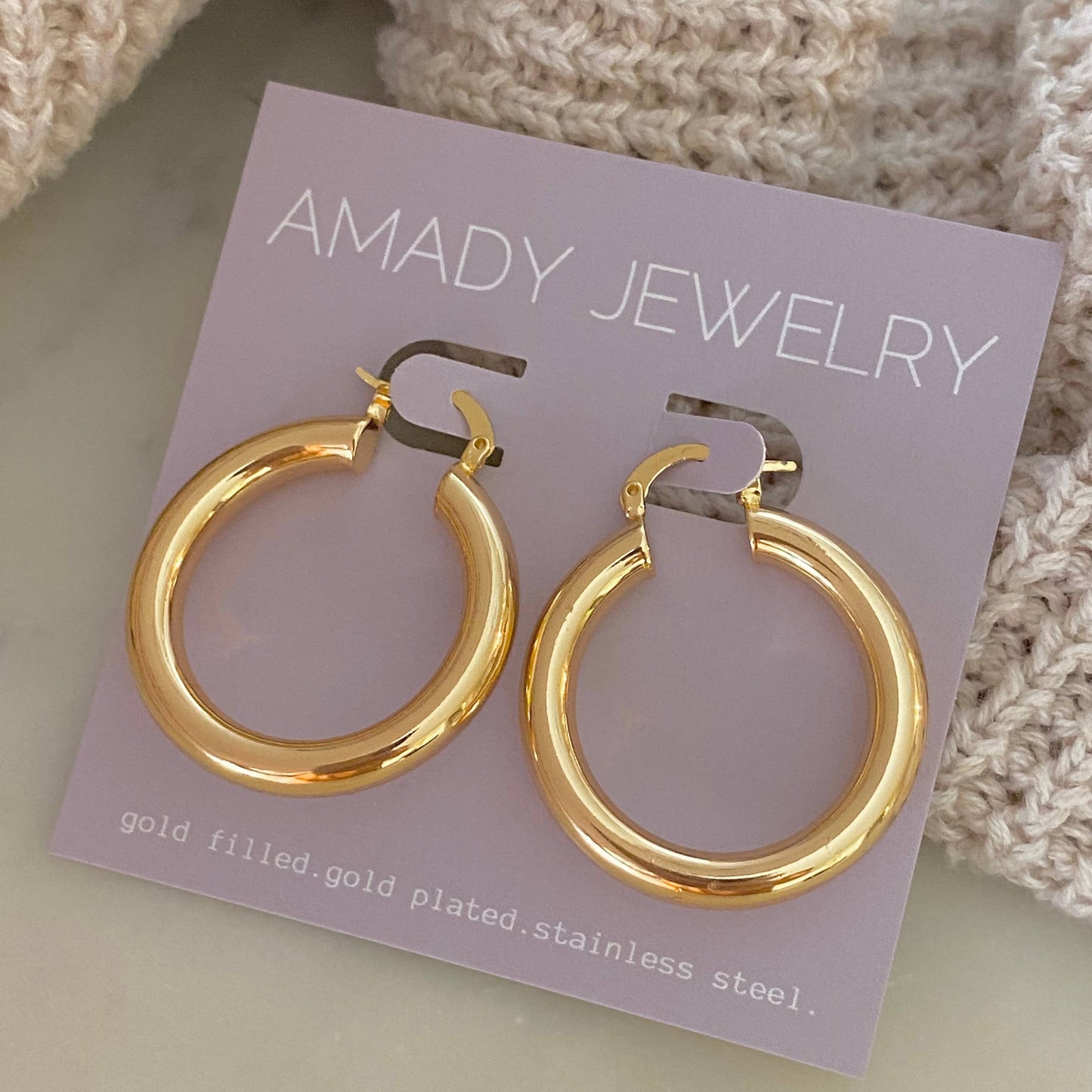 35mm Thick Hoop Earrings 18k Gold Filled Water Resistant