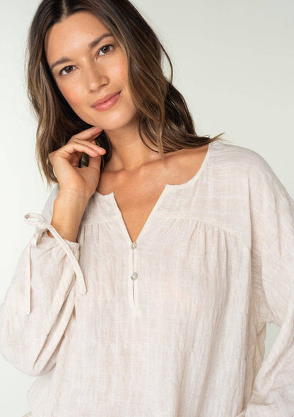 Striped 3/4 Sleeve Curved Yoke Split Neck Top