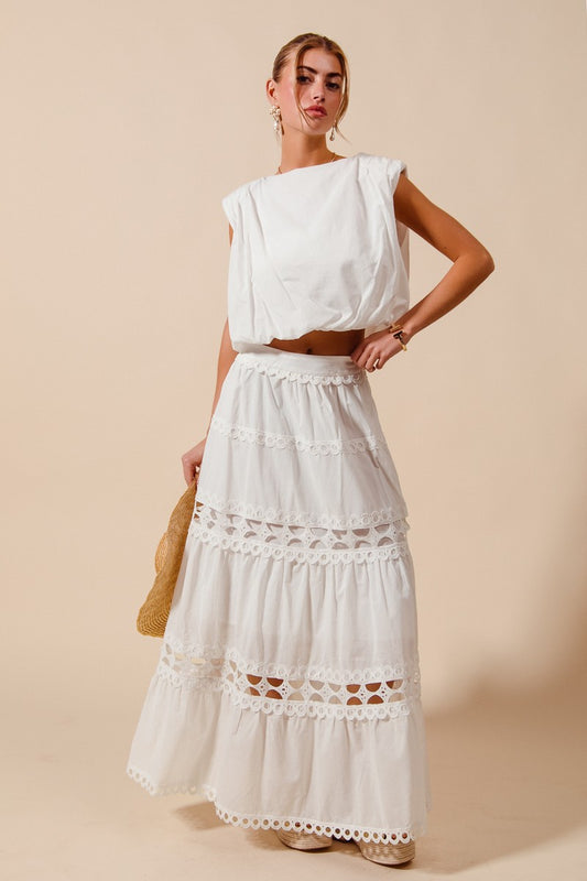 Sleeveless Crop Bubble Top And Lace Trimmed Maxi Skirt Set