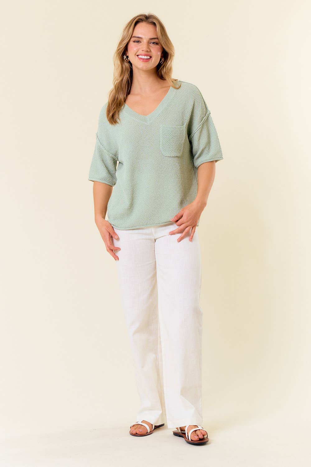 V-Neck Dropped Short Sleeve Exposed Seam Sweater - 44339T