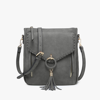Layla Faux Suede Whipstitch Crossbody w/ Tassel