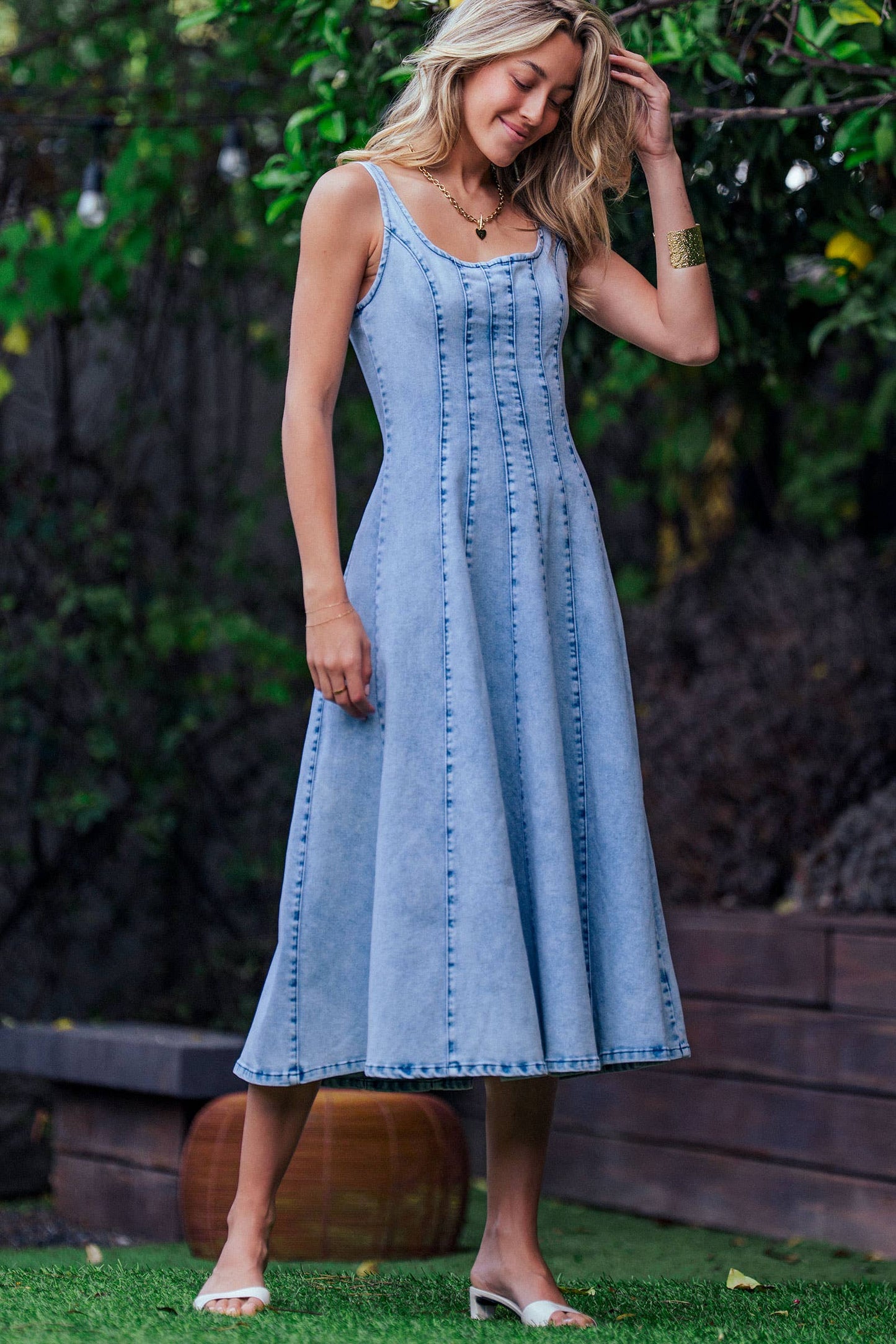 Panelled Denim Midi Dress Exposed Back Zipper