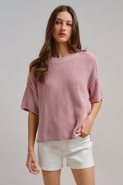 Mineral Wash Exposed Seam Short Sleeve Sweater