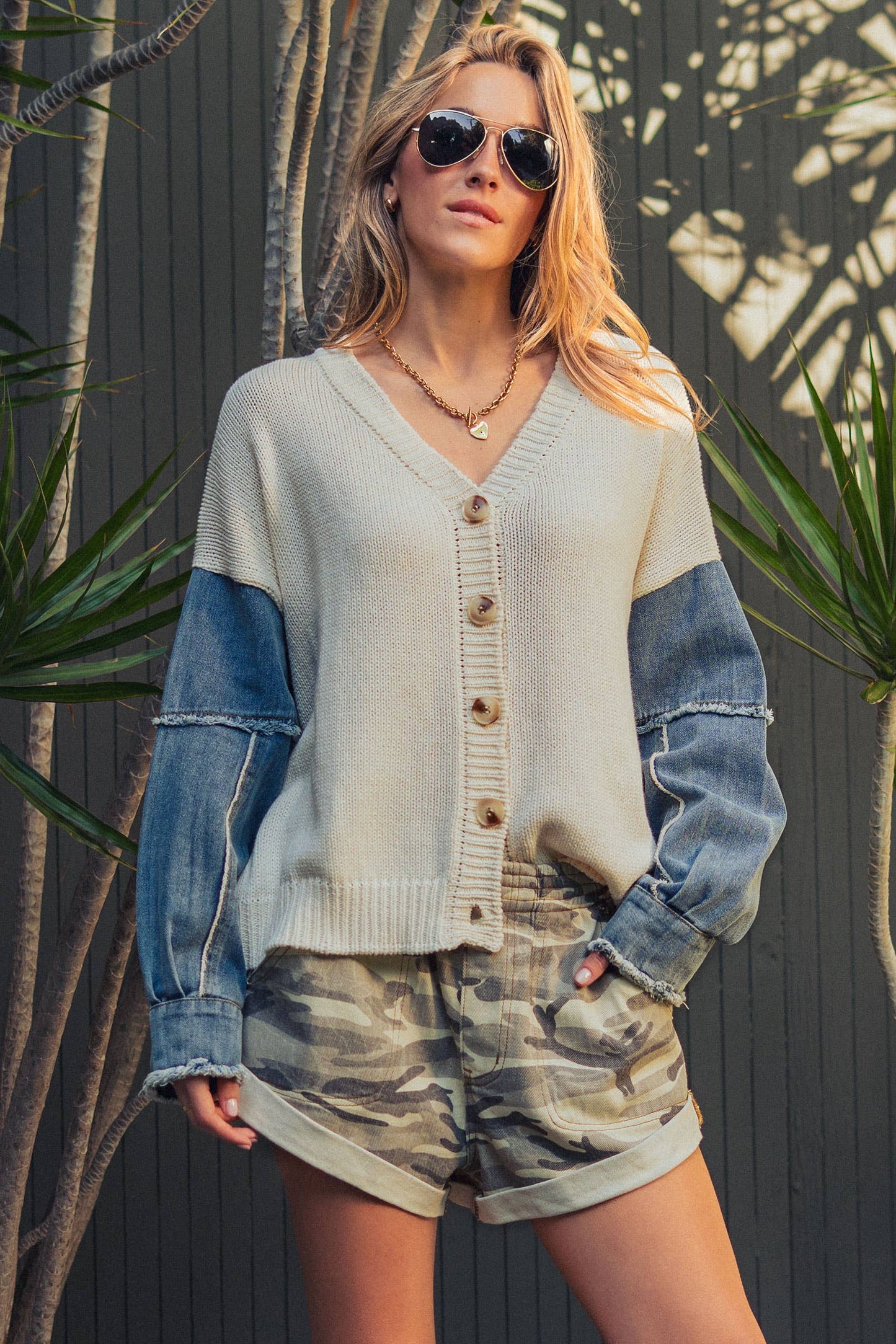 Mixed Media Flag Denim Sleeve Cardigan