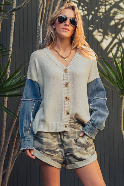 Mixed Media Flag Denim Sleeve Cardigan