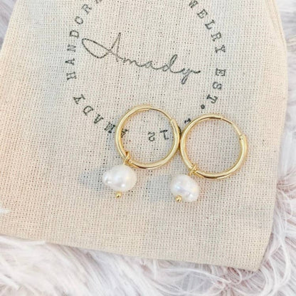 Water Pearl Hoop Earrings, pearl earrings, minimalist hoops