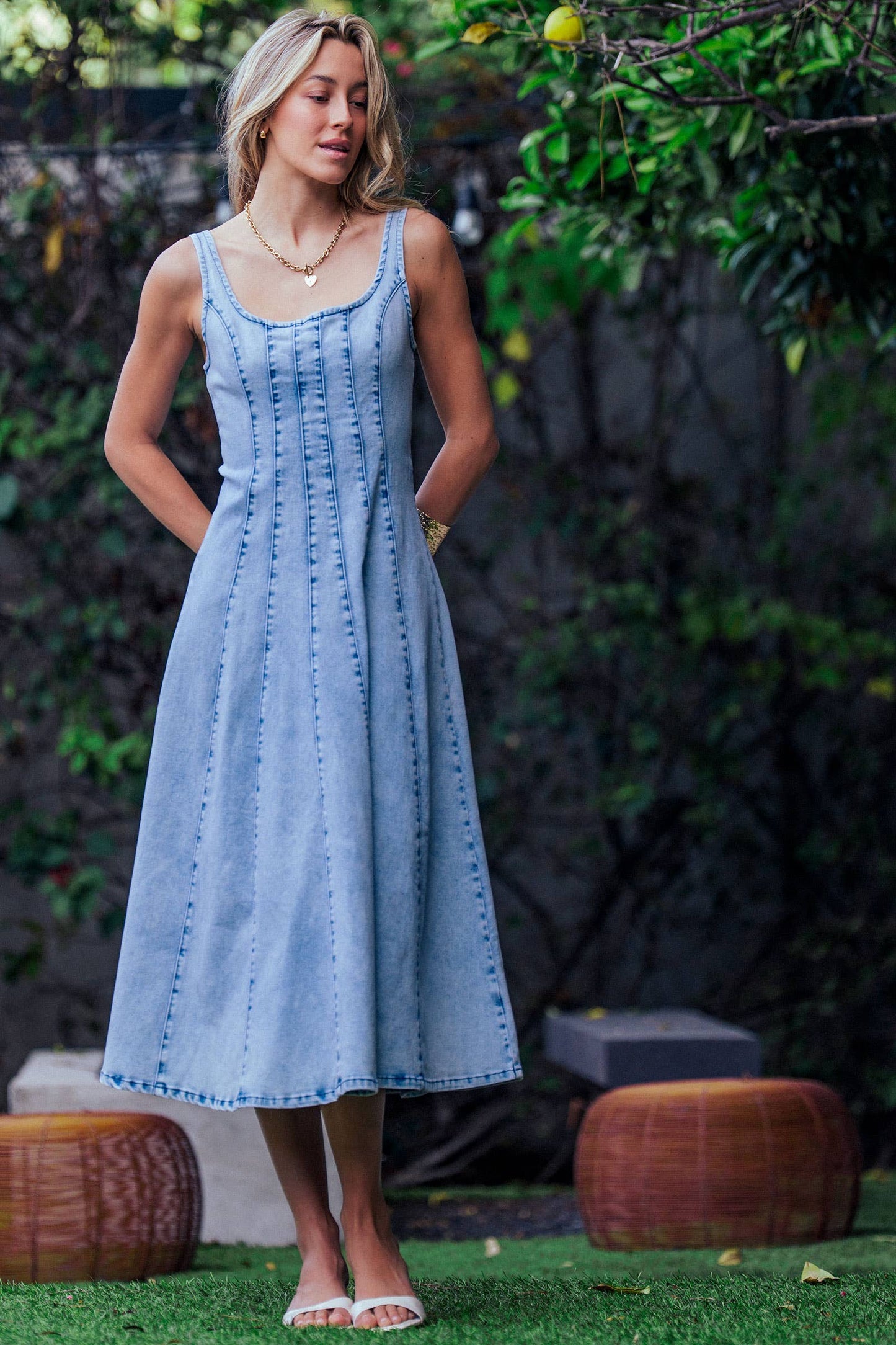 Panelled Denim Midi Dress Exposed Back Zipper