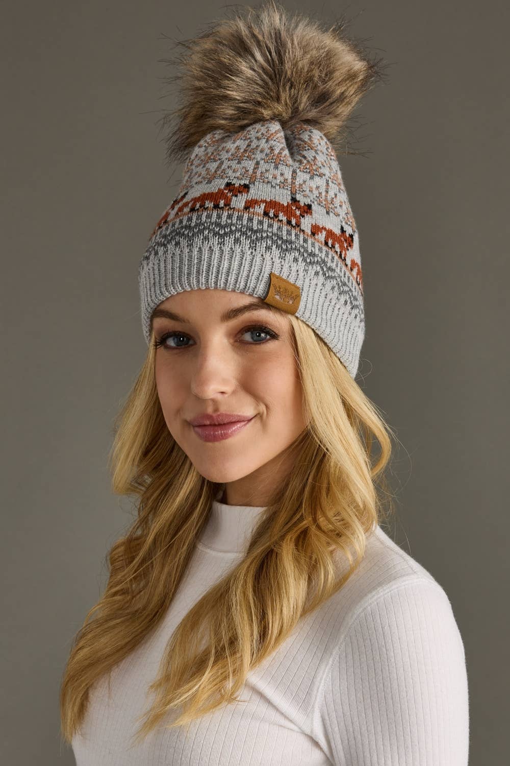 Gray Fox Pattern Pom Hat
