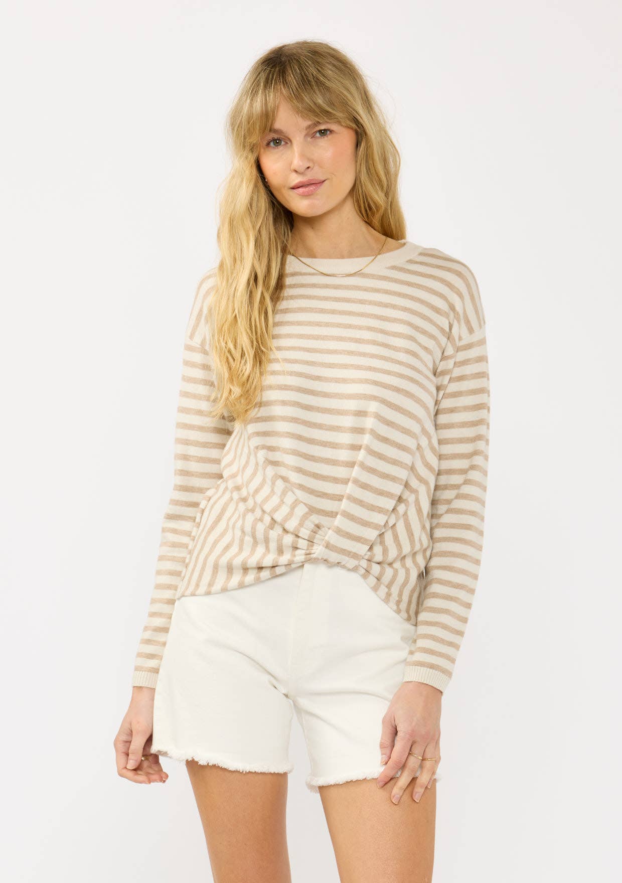 Horizontal Stripe Front Knot Pullover Sweater