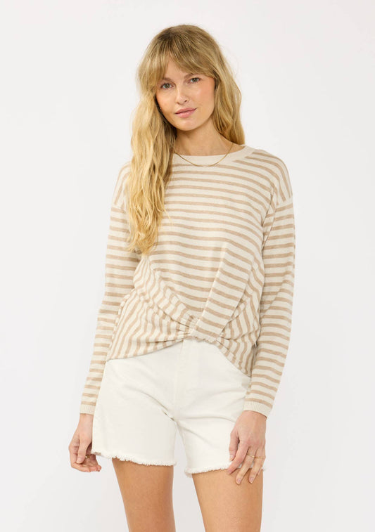Horizontal Stripe Front Knot Pullover Sweater