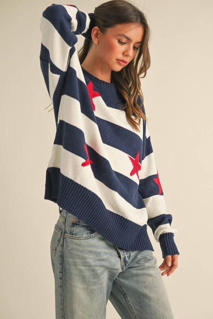 IT4047 STRIPED STARS SWEATER KNIT TOP