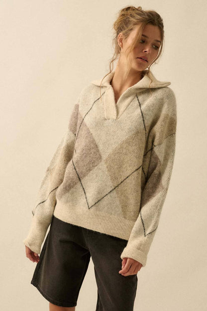 Argyle Plaid Knit Split-Neck Collared Sweater