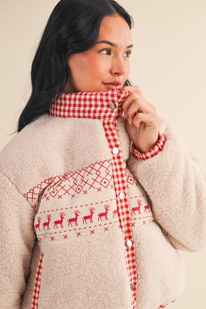 Cozy Sherpa Jacket with Gingham Lining and Holiday Trim