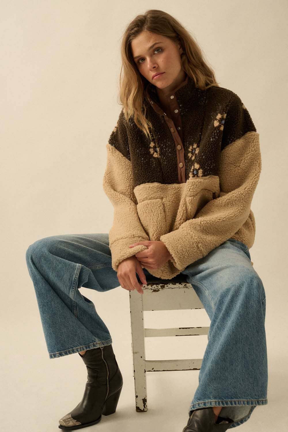 Colorblock Sherpa Fleece Half-Snap Pullover Jacket