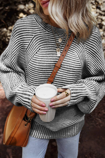 Dahlia Striped Print Ribbed Knit Boat Neck Baggy Sweater