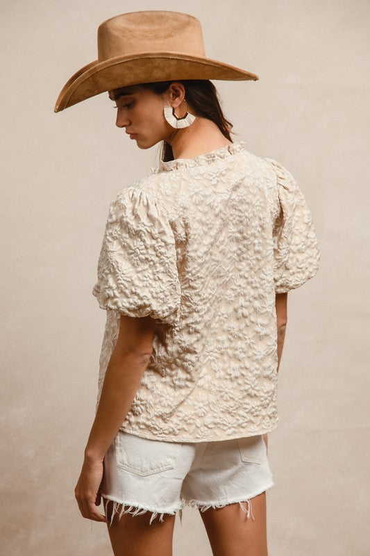 Floral Pattern Texture Short Balloon Sleeves Ruffled V-Neck Top