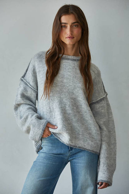 W2141 | Knit Sweater Crew Neck Pullover Top With Rolled Edge
