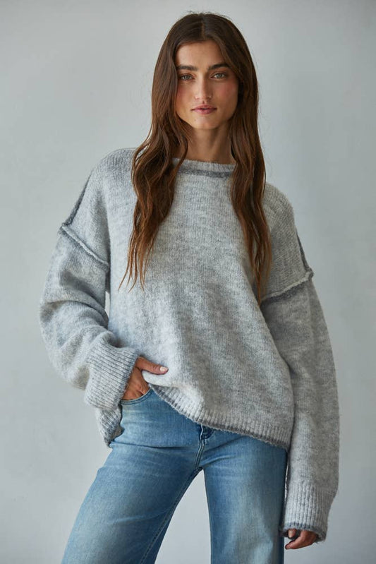 W2141 | Knit Sweater Crew Neck Pullover Top With Rolled Edge