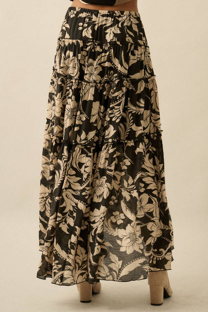 Floral-Print Buttoned Tiered Ruffle Maxi Skirt