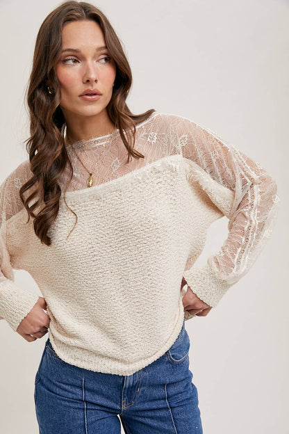 BOAT NECK LACE TRIMMED KNIT SWEATER PULLOVER