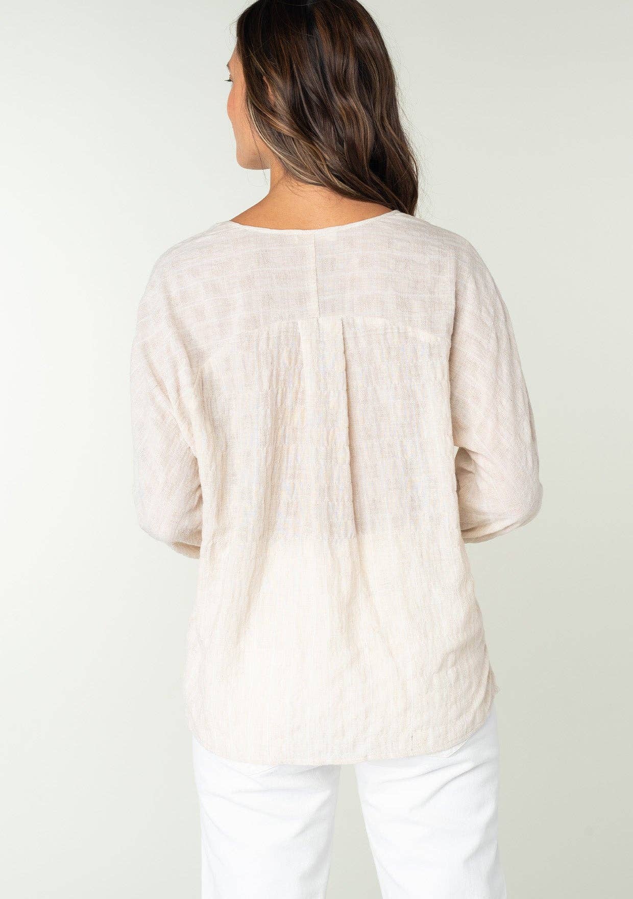 Striped 3/4 Sleeve Curved Yoke Split Neck Top