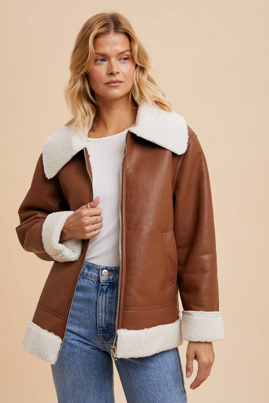 VEGAN FAUX LEATHER SHEARLING JACKET