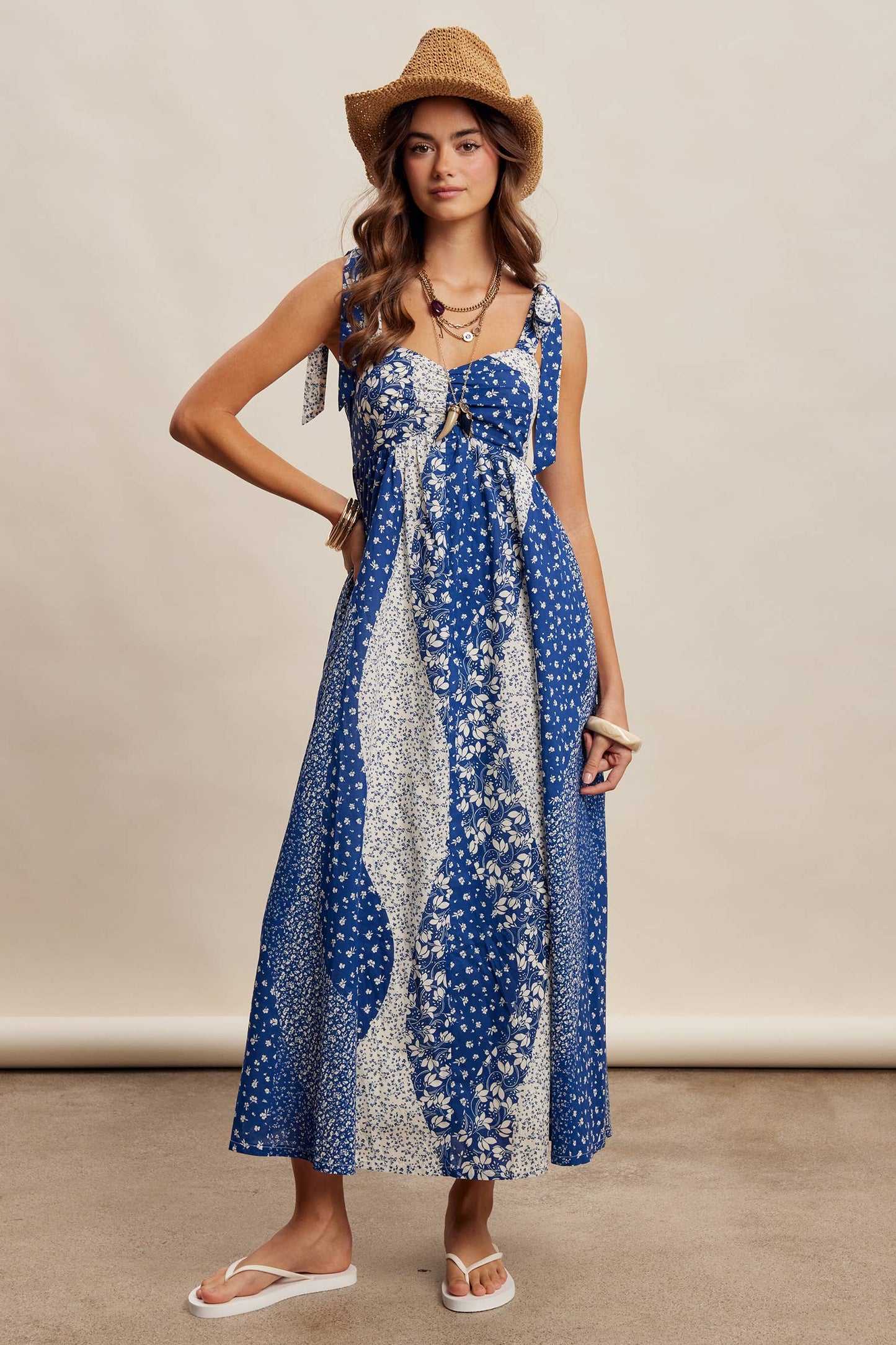 Patchwork Tie Strap Cotton Maxi Dress LD1625