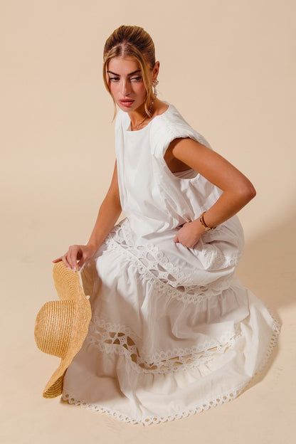 Sleeveless Crop Bubble Top And Lace Trimmed Maxi Skirt Set