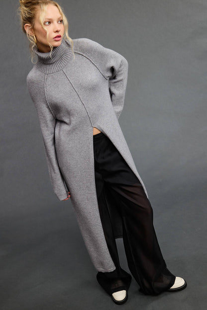 SEAM DETAIL TURTLENECK TUNIC SWEATER DRESS WITH SLIT