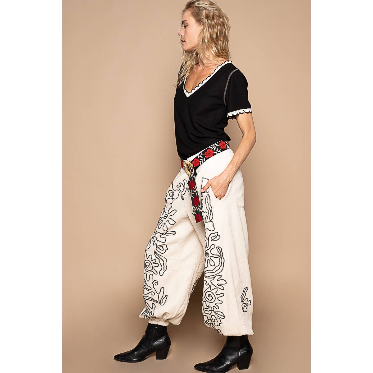Floral embroidered pattern solid twill pants