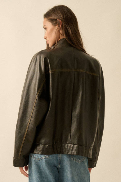 Faux Leather Piping-Trimmed Zip-Up Jacket
