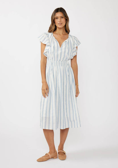 Ruffle Sleeve Split-Neck Smocked Waist Midi Dress