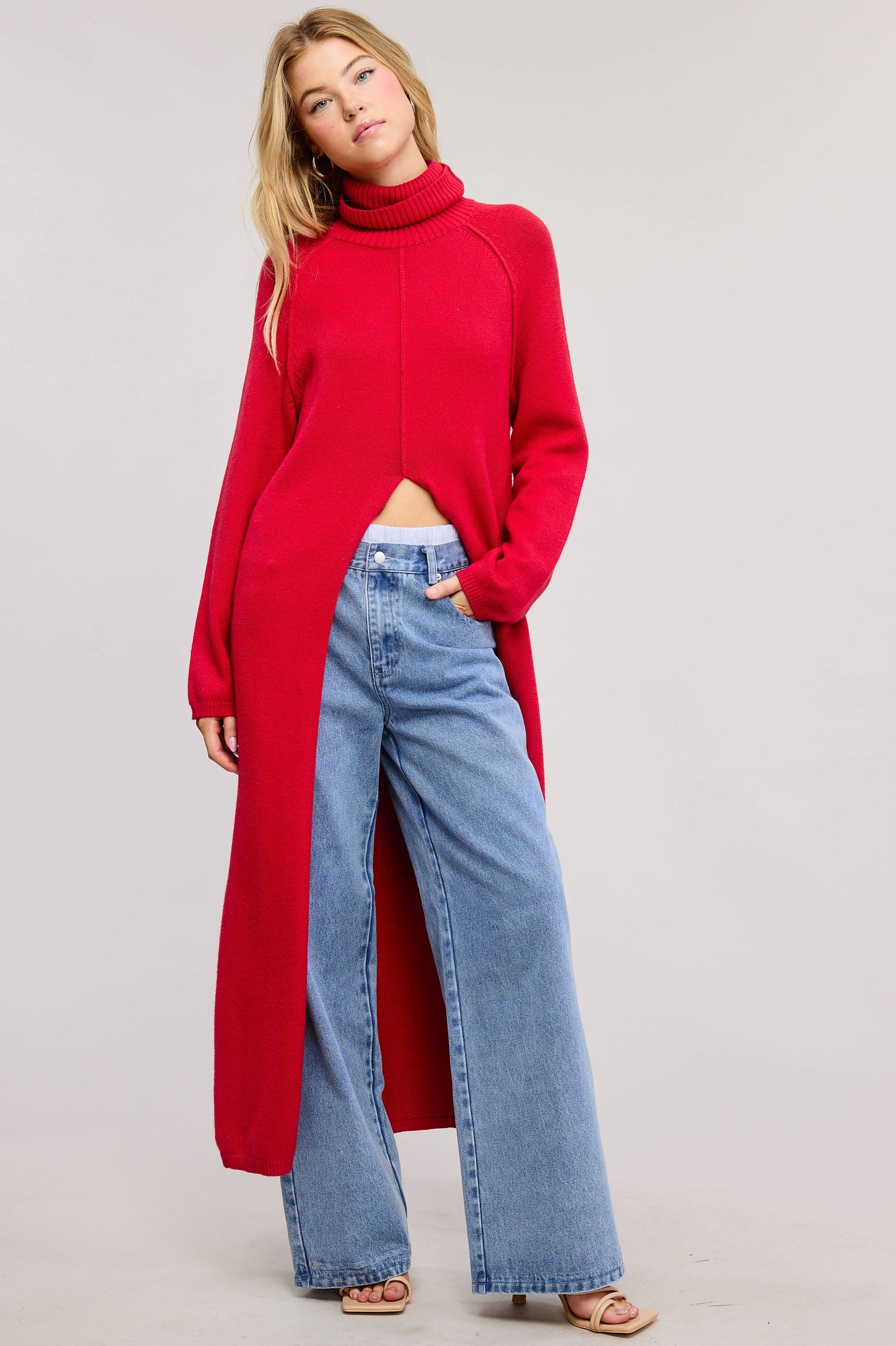 SEAM DETAIL TURTLENECK TUNIC SWEATER DRESS WITH SLIT