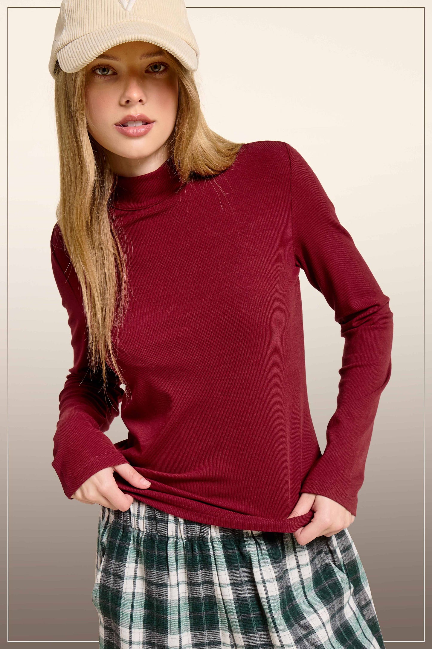 MCT7699-Stretchy Ribbed Long Sleeve Mock Neck Basic Top