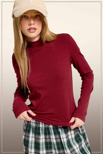 MCT7699-Stretchy Ribbed Long Sleeve Mock Neck Basic Top