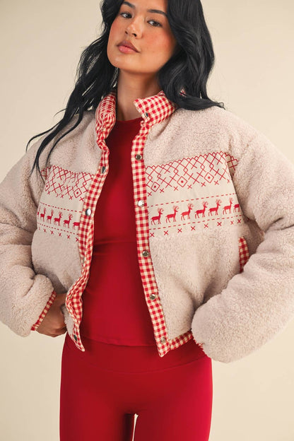Cozy Sherpa Jacket with Gingham Lining and Holiday Trim