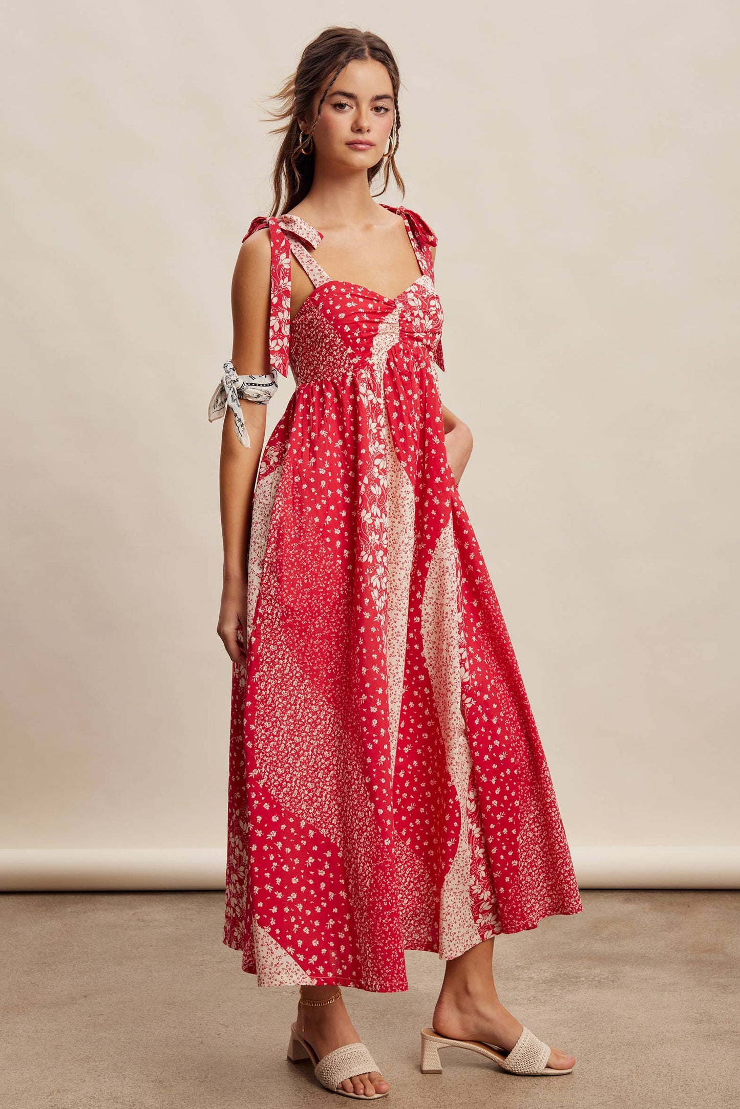 Patchwork Tie Strap Cotton Maxi Dress LD1625