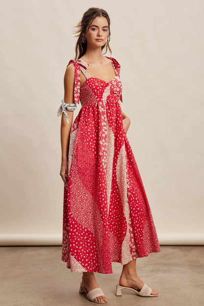 Patchwork Tie Strap Cotton Maxi Dress LD1625