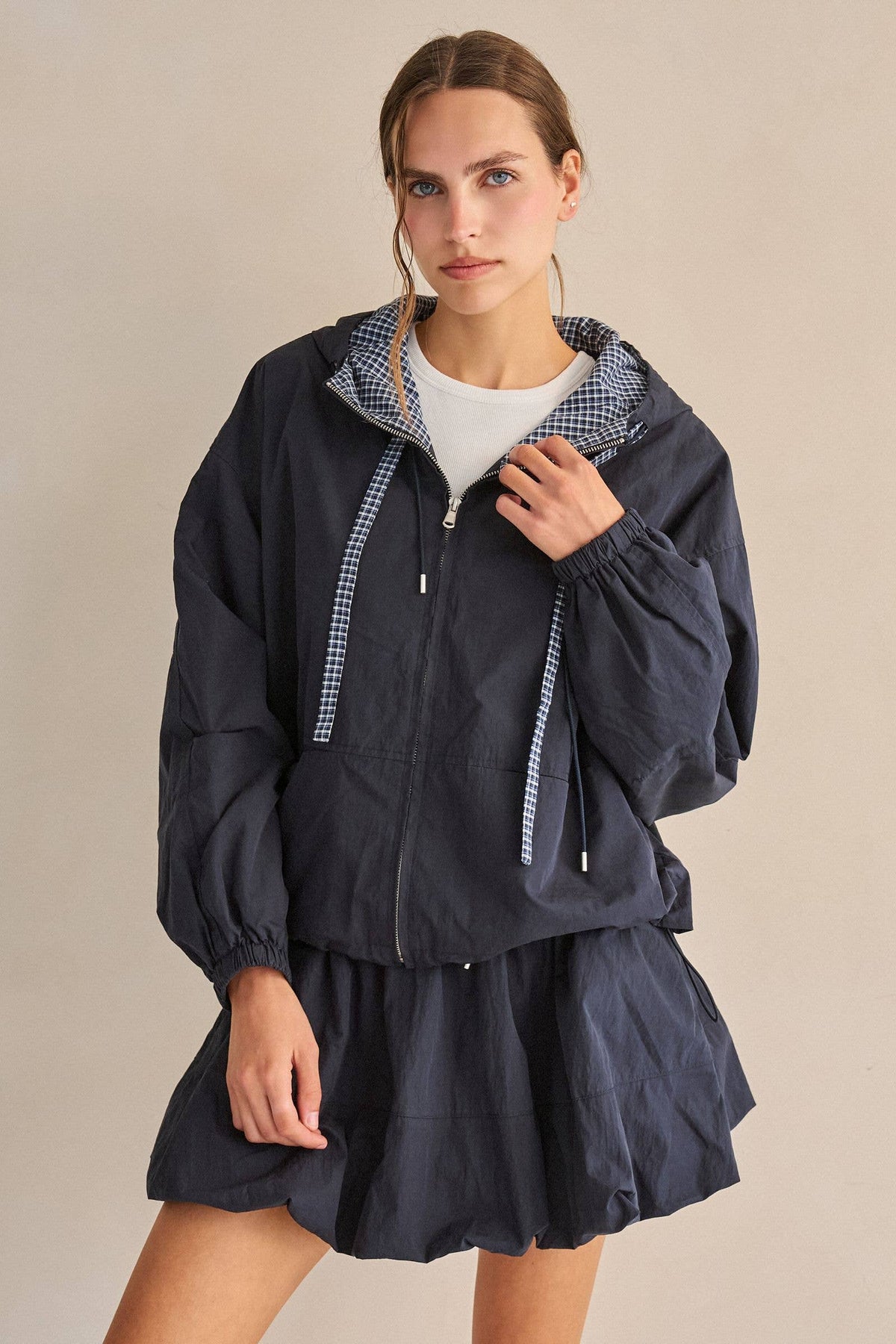 DRAWSTRING GINGHAM HOODED JACKET