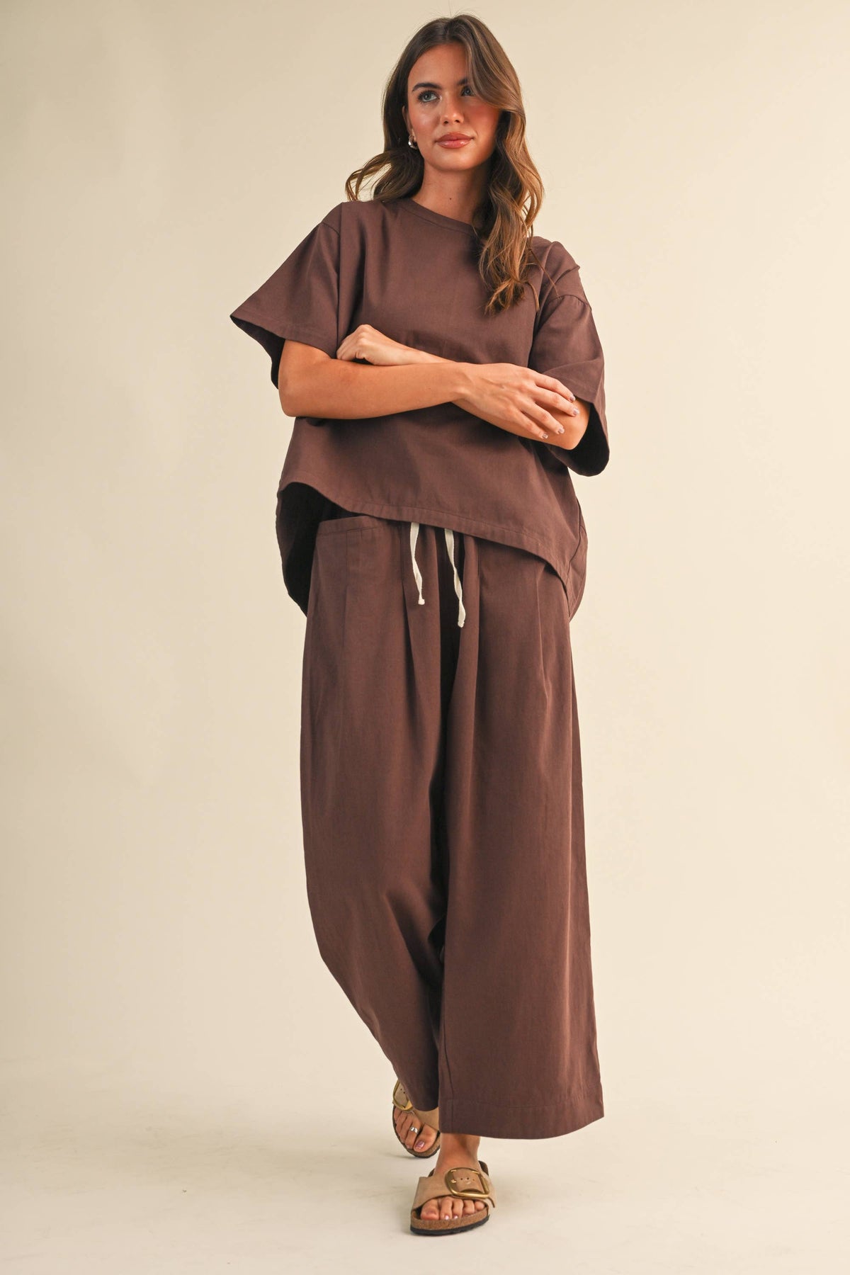 IST6073 RELAXED FIT TOP AND WIDE LEG CROPPED PANTS SET