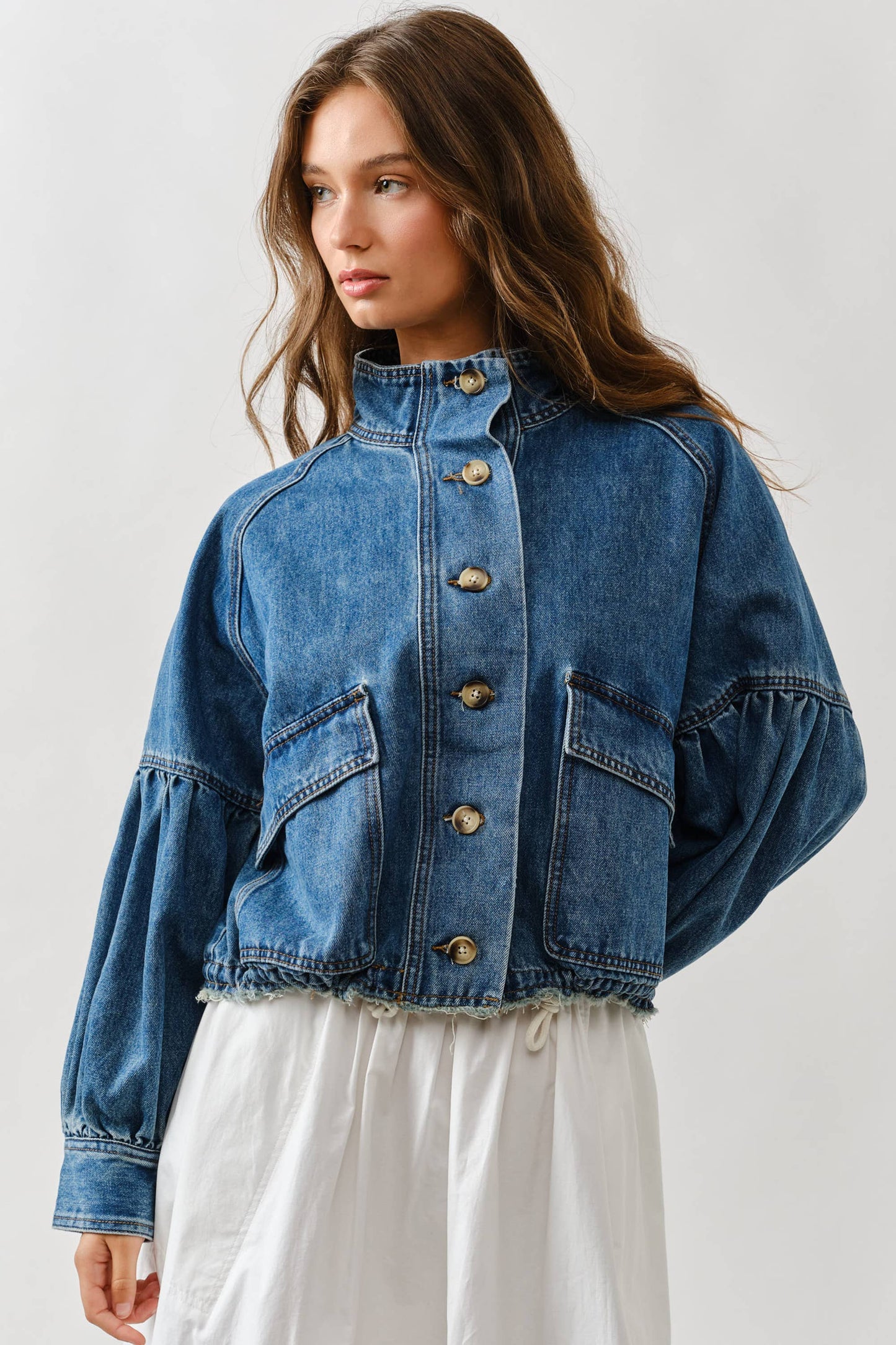 MAJ3306 BALLON SLEEVE TWILL JACKET DRAWSTING WAIST