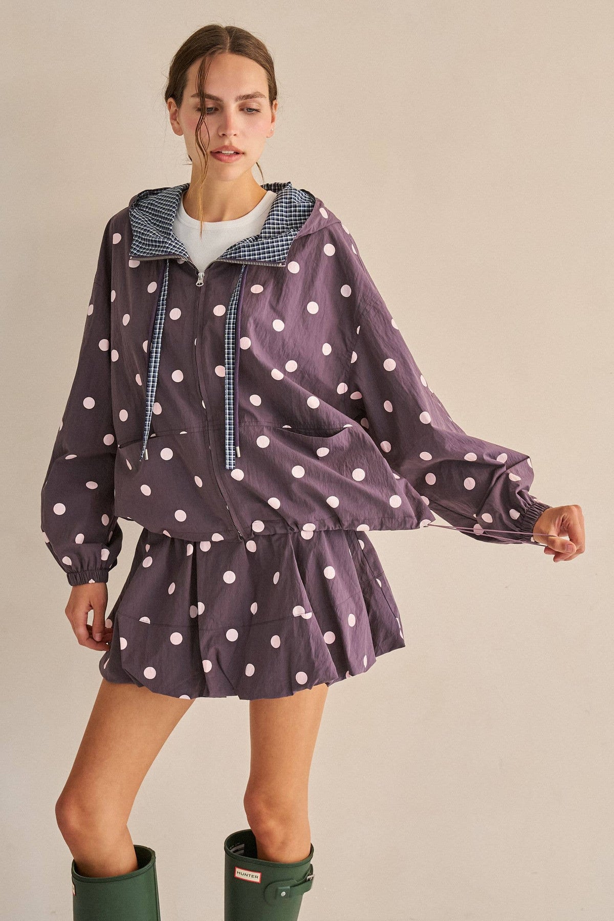 POLKA DOT DRAWSTRING HOODED JACKET