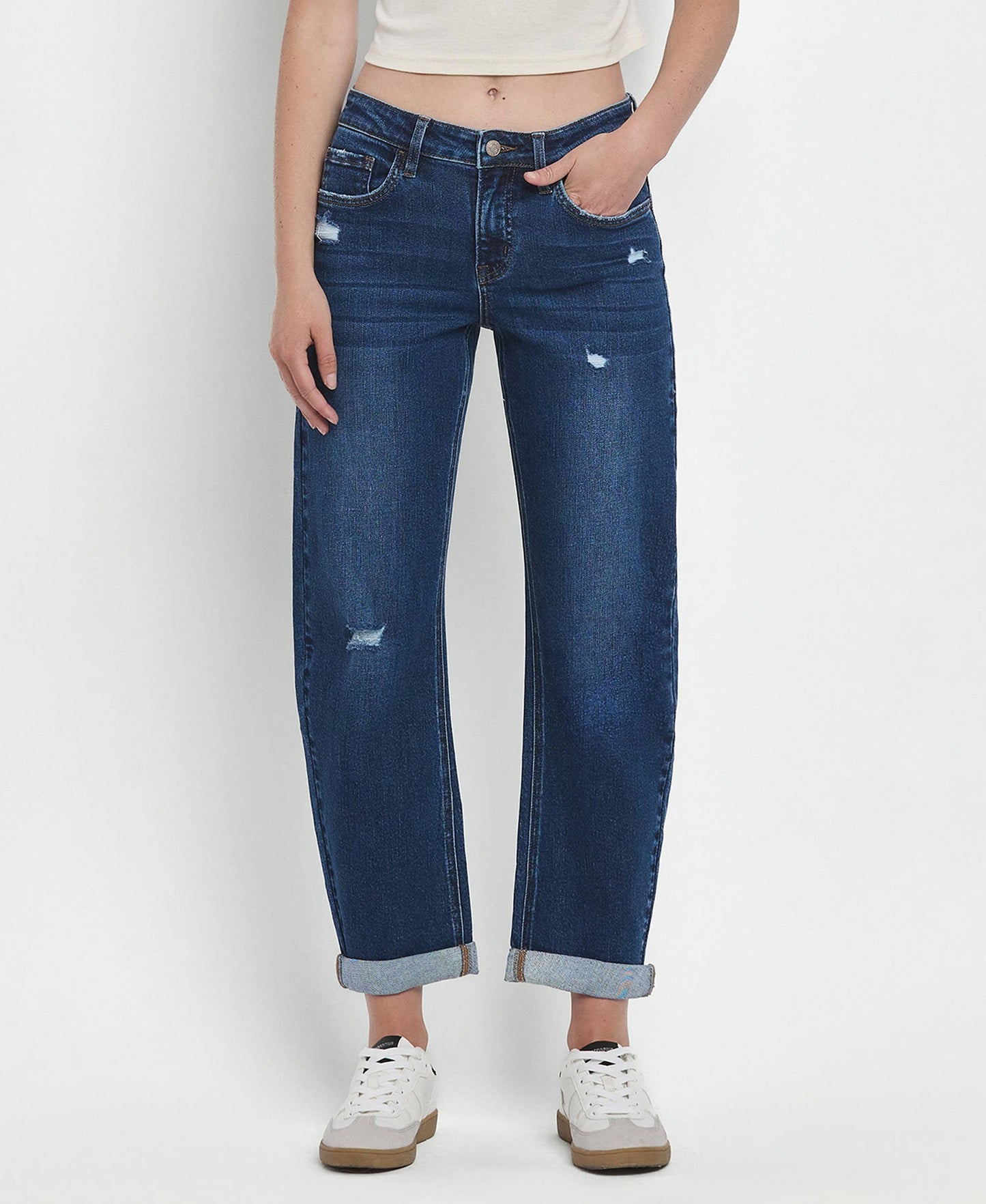 MID RISE DOUBLE CUFFED HEM BARREL LEG JEANS LV1490
