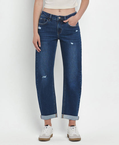 MID RISE DOUBLE CUFFED HEM BARREL LEG JEANS LV1490