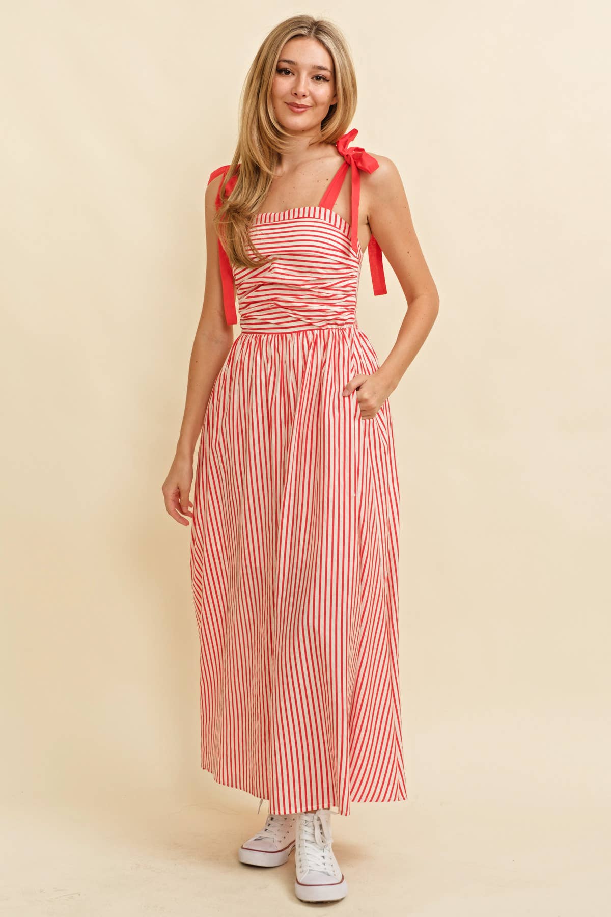 CD13260A - SHOULDER TIE STRIPED MAXI DRESS