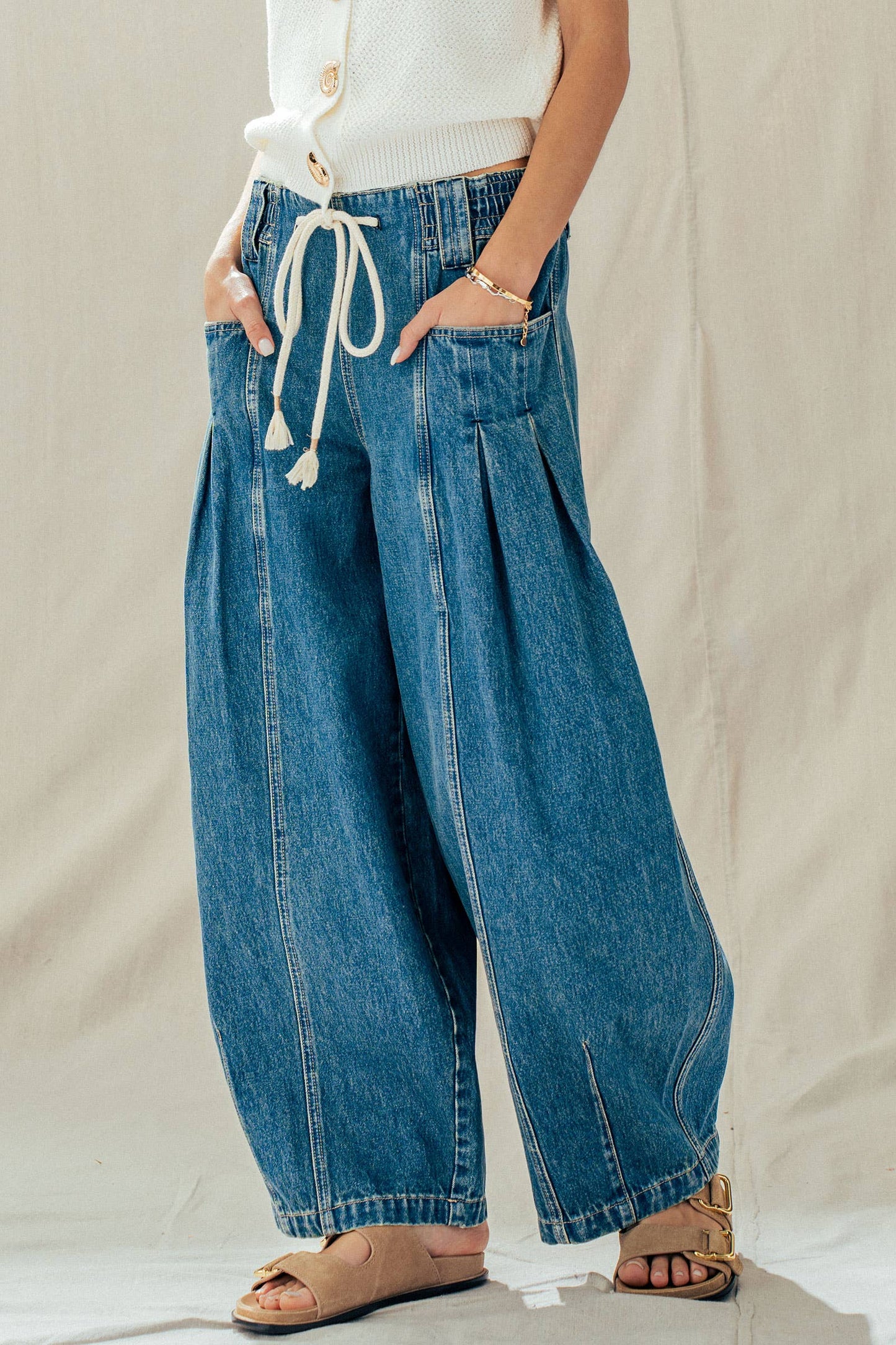 Rope Drawstring Balloon Pants Pleated Front