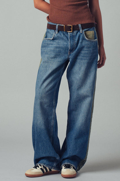 Wide-Leg Utility Stripe Denim Jeans