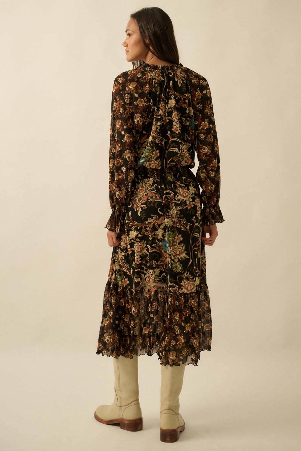 Floral-Print Mesh Button-Up Ruffle Maxi Dress