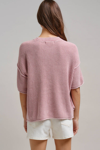 Mineral Wash Exposed Seam Short Sleeve Sweater
